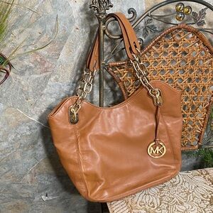 Michael Kors leather purse bag satchel gold key fob bag charm slip zipper pocket